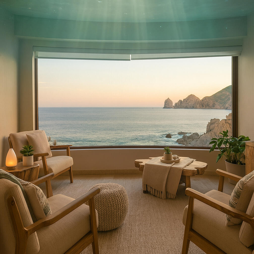 A calm room with soft chairs looking out through a wide window to the sea at Cabo